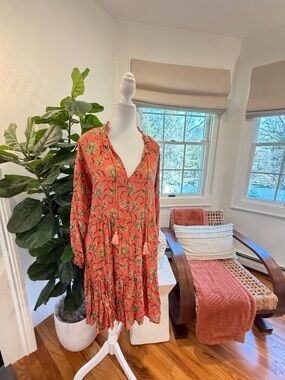 Roller Rabbit Coral Floral Tiered V-Neck Mini Dress